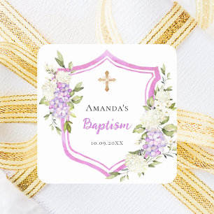Pegatina Cuadrada Baptismo escudo flores púrpura rosa chica