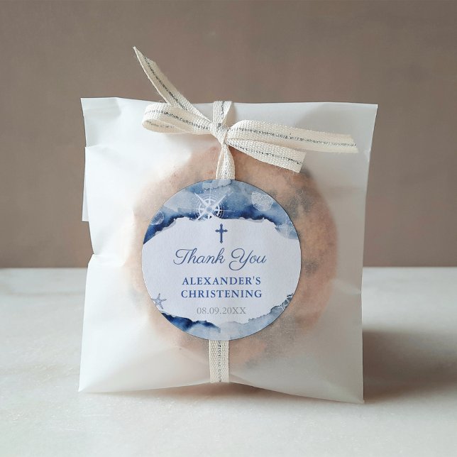 Pegatina Cuadrada Baptismo Náutico Azul De La Marina Gracias Con Cru (Nautical Christening or Baptism favor thank you sticker with Holy Cross)
