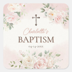 Pegatina Cuadrada Baptismo personalizado rosas rosadas
