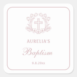 Pegatina Cuadrada Baptismo simple de la cruz rosa floral
