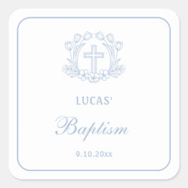 Pegatina Cuadrada Baptismo simple de la luz floral azul