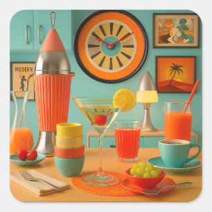 Pegatina Cuadrada Bar de desayunos Martini retrofuturista atómico