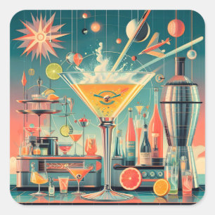 Pegatina Cuadrada Bar de Martini de Cítricos Futurista Atómico de Mi