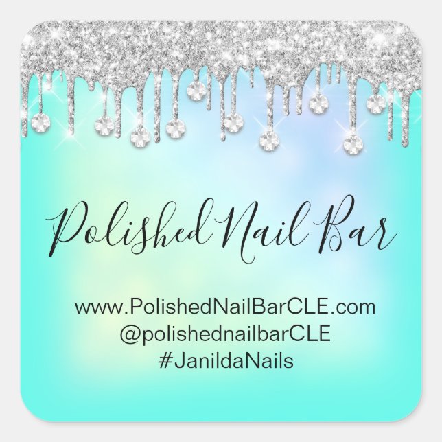 Pegatina Cuadrada Bar de uñas Holographic Mint Blue Diamond Drips (Anverso)