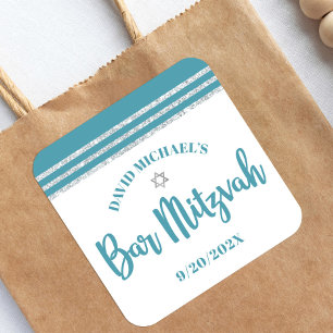 Pegatina Cuadrada Bar Mitzvah Azul Teal Plata Tallit Escritura Negri