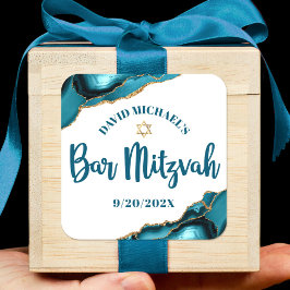 Pegatina Cuadrada Bar Mitzvah Moderno Simple Turquesa Ágata Script