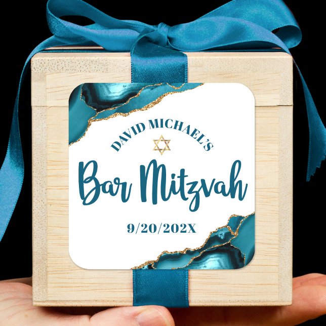 Pegatina Cuadrada Bar Mitzvah Moderno Simple Turquesa Ágata Script (Subido por el creador)