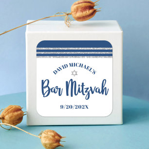 Pegatina Cuadrada Bar Mitzvah Moderno Talit Azul Marinho Plata Escri