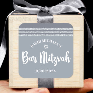 Pegatina Cuadrada Bar Mitzvah Moderno Talit Gris Plateado Alto Letra
