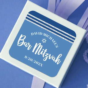 Pegatina Cuadrada Bar Mitzvah Moderno Tallit Azul Plateado Alto con 