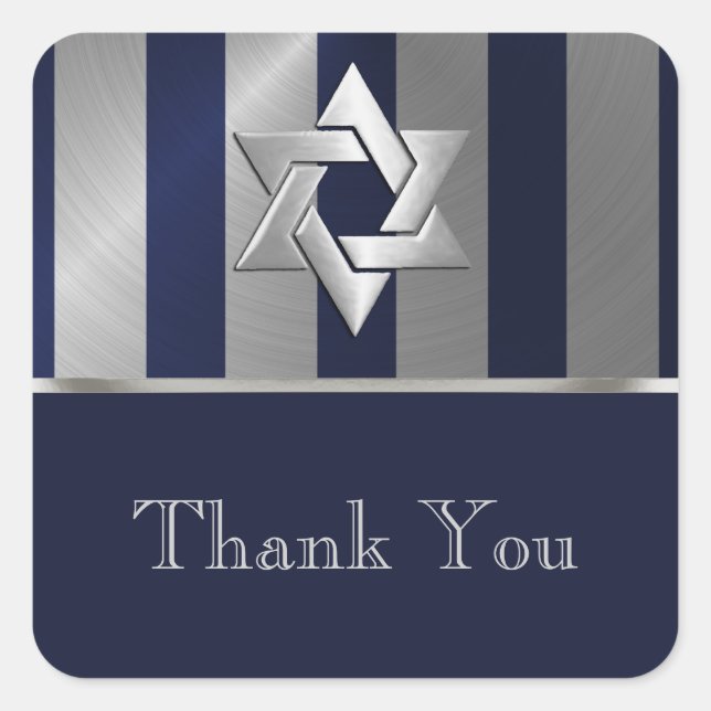 Pegatina Cuadrada Bar Mitzvah Navy Estrella de David (Anverso)
