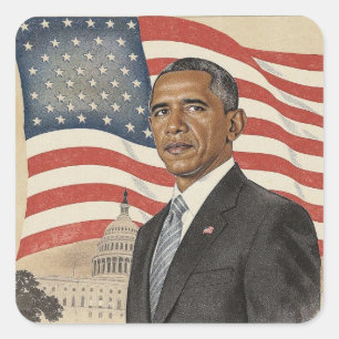 Pegatina Cuadrada Barack Obama frente a la bandera estadounidense y