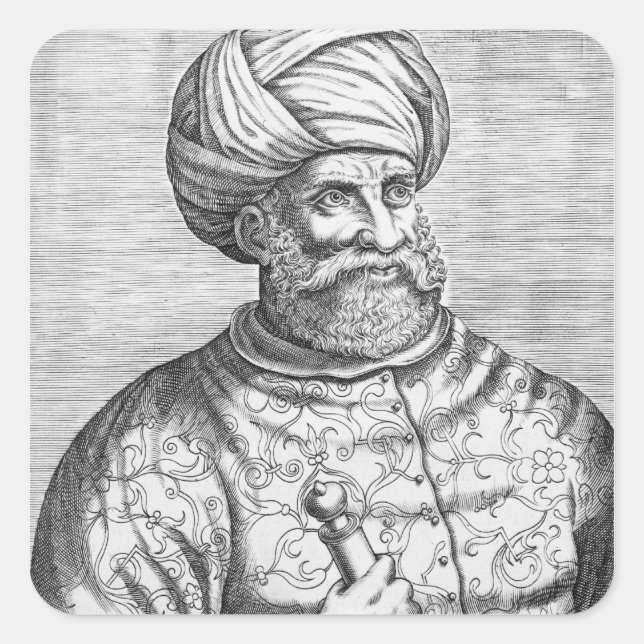 Pegatina Cuadrada Barbarossa, ilustracion de Andre Thevet (Anverso)