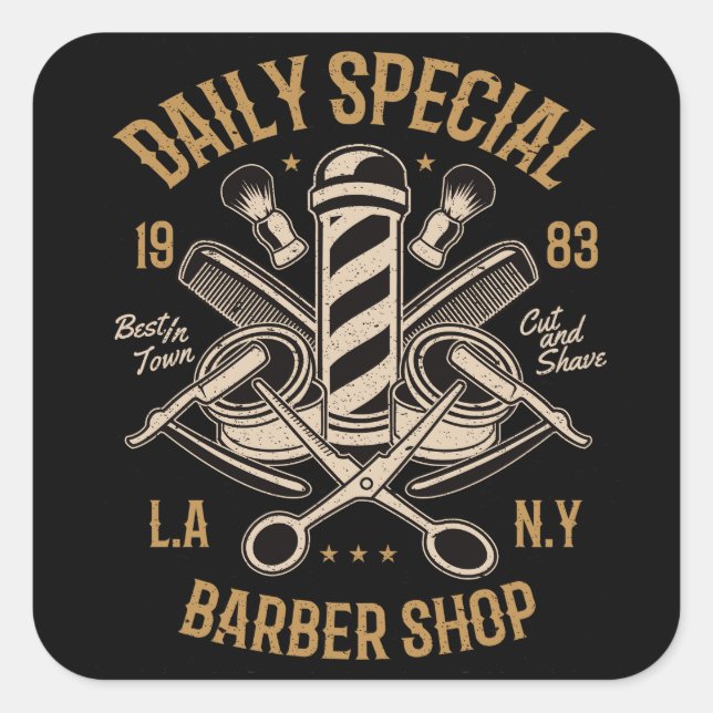 Pegatina Cuadrada Barber Shop especial diario LA NY Cut and Shave (Anverso)
