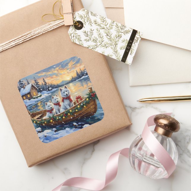 Pegatina Cuadrada Barca de Navidad con Samoyedo Blanco Fiesta (Regalar)