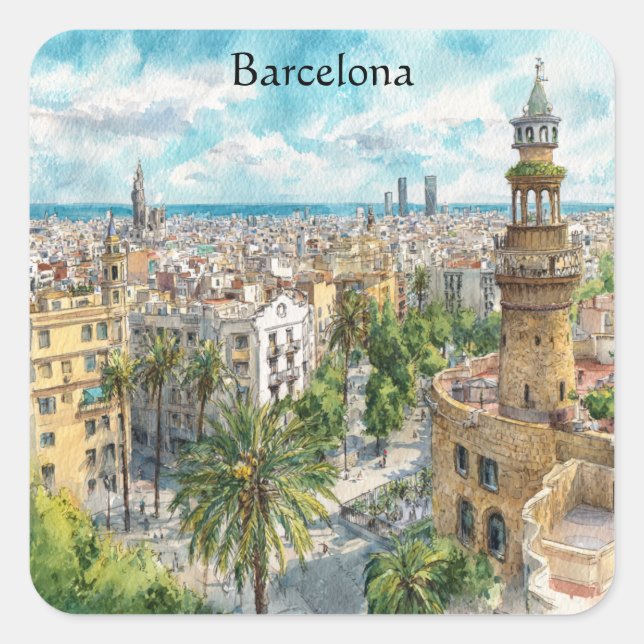 Pegatina Cuadrada Barcelona Spain Catalonia City VIew Oil Paint (Anverso)