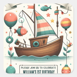 Pegatina Cuadrada barco de alegría lindo chico Fish ofishally un pri