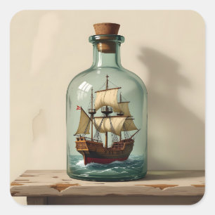 Pegatina Cuadrada Barco de época en una botella antigua