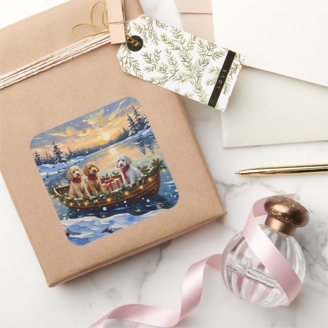 Pegatina Cuadrada Barco de Navidad de Caniche Fiesta (Regalar)
