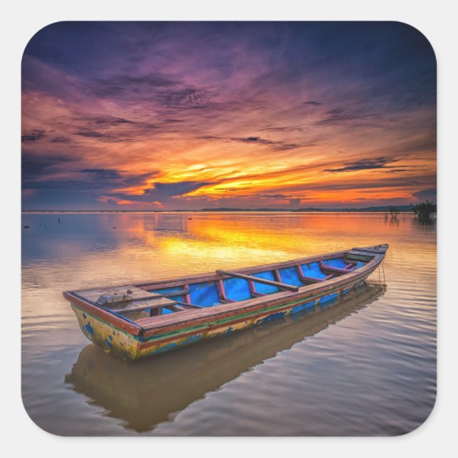Pegatina Cuadrada Barco De Pesca Al Amanecer | Playa Jubakar (Anverso)