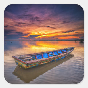 Pegatina Cuadrada Barco De Pesca Al Amanecer   Playa Jubakar