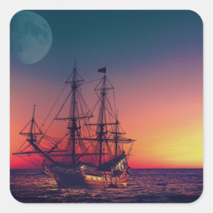 Pegatina Cuadrada Barco de vela al atardecer