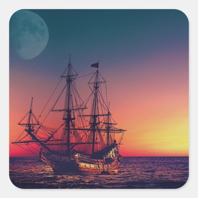 Pegatina Cuadrada Barco de vela al atardecer (Anverso)