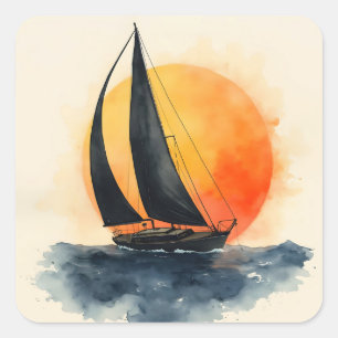 Pegatina Cuadrada Barco de vela al atardecer en acuarela
