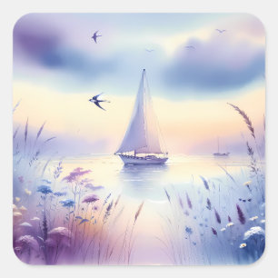 Pegatina Cuadrada Barco de vela pastel paisaje costero de ensueño