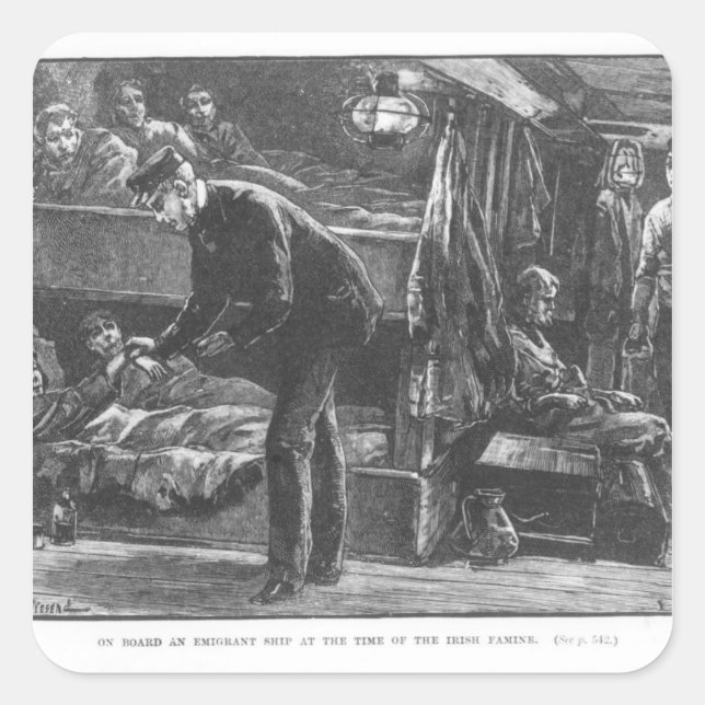 Pegatina Cuadrada Barco emigrante en el momento de la hambruna irlan (Anverso)