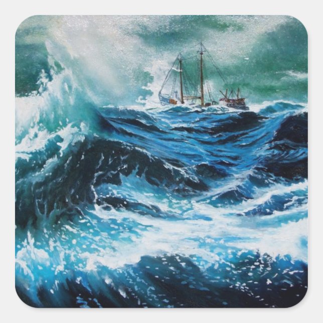 Pegatina Cuadrada Barco en el mar en tormenta (Anverso)