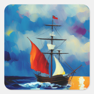 Pegatina Cuadrada Barco en la noche
