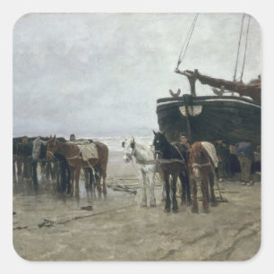 Pegatina Cuadrada Barco en la playa de Scheveningen, 1876