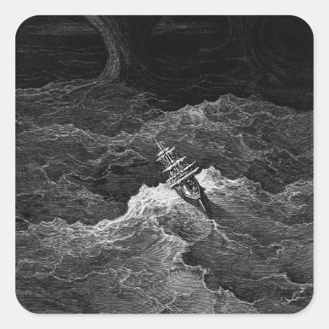 Pegatina Cuadrada Barco en un mar tormentoso (Anverso)
