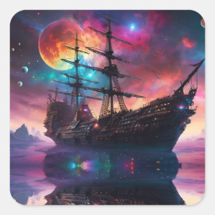 Pegatina Cuadrada Barco espacial pirata aterriza en otro planeta