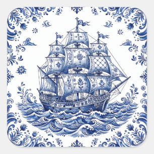 Pegatina Cuadrada Barco Mercante Estilo Delft Azul Blanco