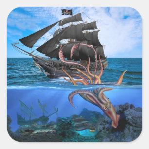 Pegatina Cuadrada Barco pirata contra calamar gigante