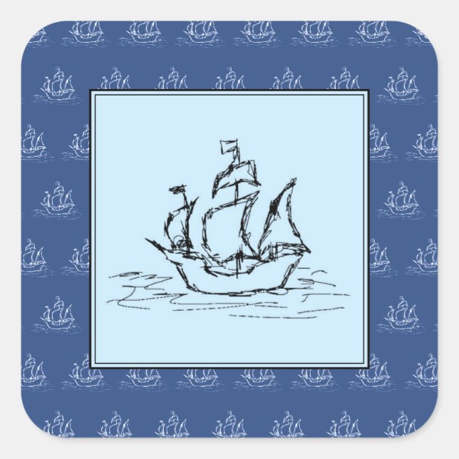 Pegatina Cuadrada Barco pirata en patrón de barco, azul. (Anverso)