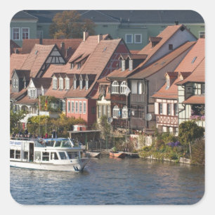 Pegatina Cuadrada Barco turístico en Little Venice y río Regnitz