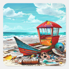 Pegatina Cuadrada Barco viejo abandonado en una playa de arena aband