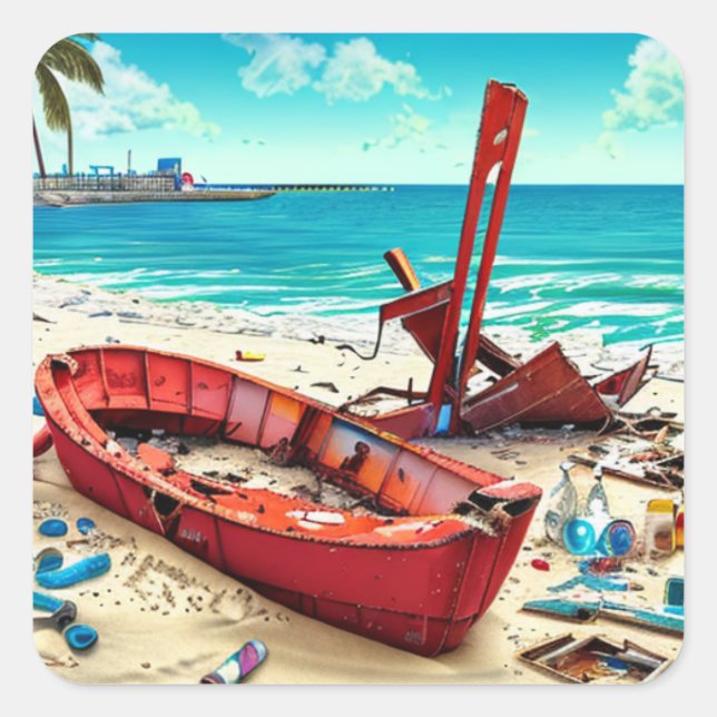 Pegatina Cuadrada Barco viejo y desierto, botellas y restos (Anverso)