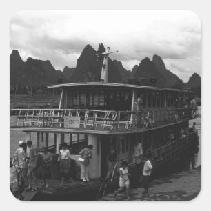 Pegatina Cuadrada Barco vintage de río de Guilin China 1970