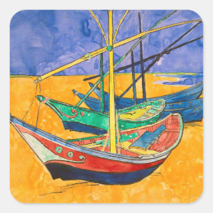 Pegatina Cuadrada Barcos de Van Gogh Impresionismo Playa