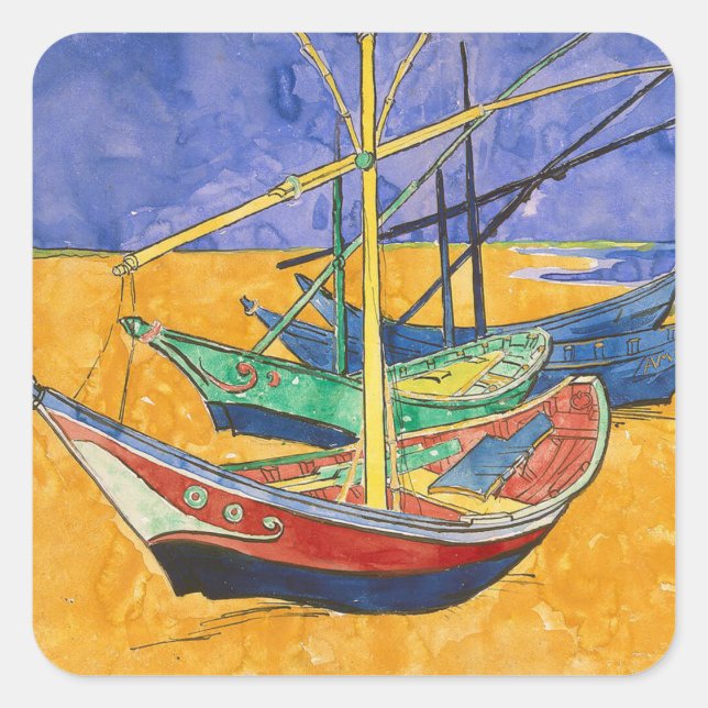 Pegatina Cuadrada Barcos de Van Gogh Impresionismo Playa (Anverso)