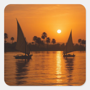 Pegatina Cuadrada Barcos de vela Arte Nilo Egipcio Sunset
