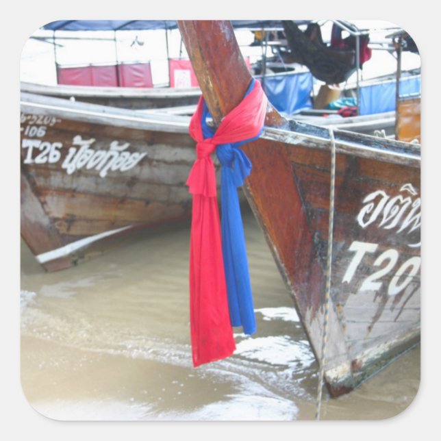 Pegatina Cuadrada Barcos En La Playa | Islas Phi Phi, Tailandia (Anverso)