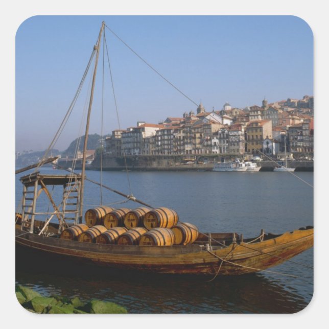 Pegatina Cuadrada Barcos Rabelo, Oporto, Portugal (Anverso)