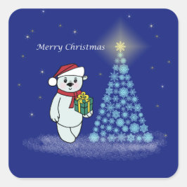 Pegatina Cuadrada Bärenkind neben dem Weihnachtsbaum