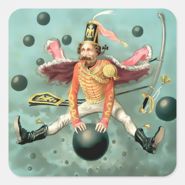 Pegatina Cuadrada Baron Munchausen Rides a Cannonball (Anverso)