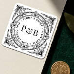 Pegatina Cuadrada Baroque Foliage Wedding Return Address Labels<br><div class="desc">Adorn your mail and packages with these captivating custom return address labels, featuring an exquisite border of elegant Baroque foliage and classical detailing. This artistic design beautifully frames your personalized names, initials, and return address, adding a sophisticated and distinctive touch to every piece of correspondence. These high-quality, peel-and-stick labels offer...</div>